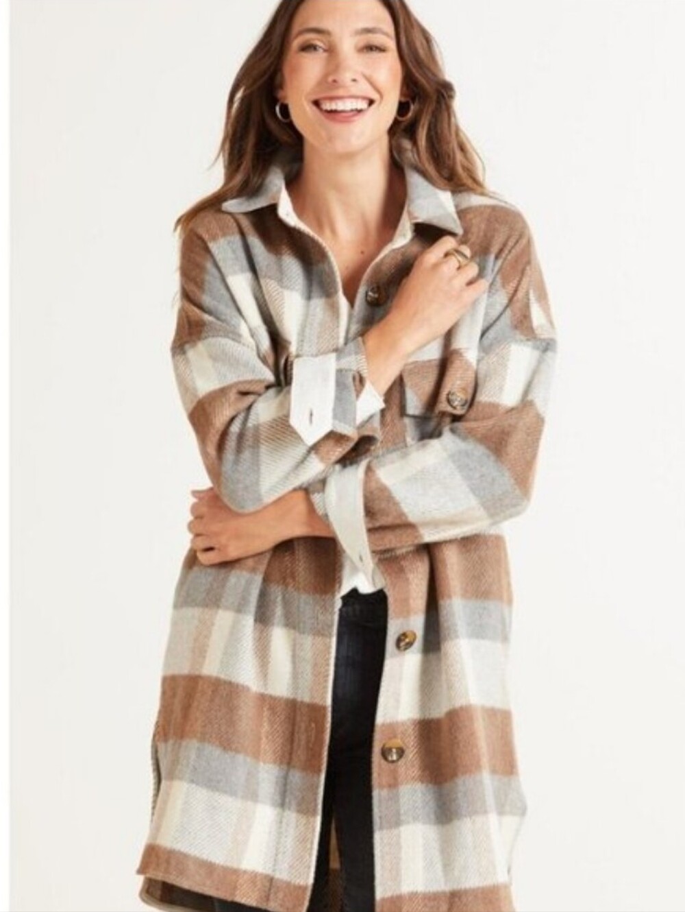Evereve Long Flannel Button Up Mid Weight Coat Jacket Shacket